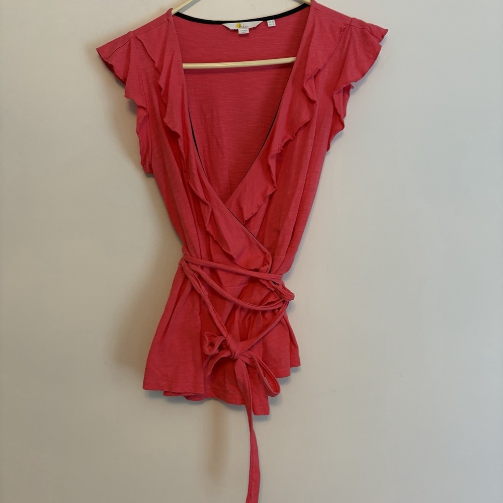 Boden Flutter Sleeve Ruffle Wrap Tie Shirt Top Pink N Neck Sz 6 Feminine Brunch